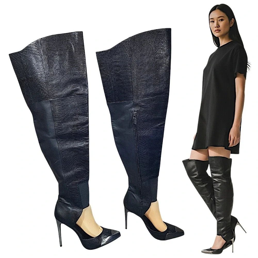 BCBGMAXAZRIA Runway Boots 9M Concorde Black Leather Lizard Print Thigh High 4.5